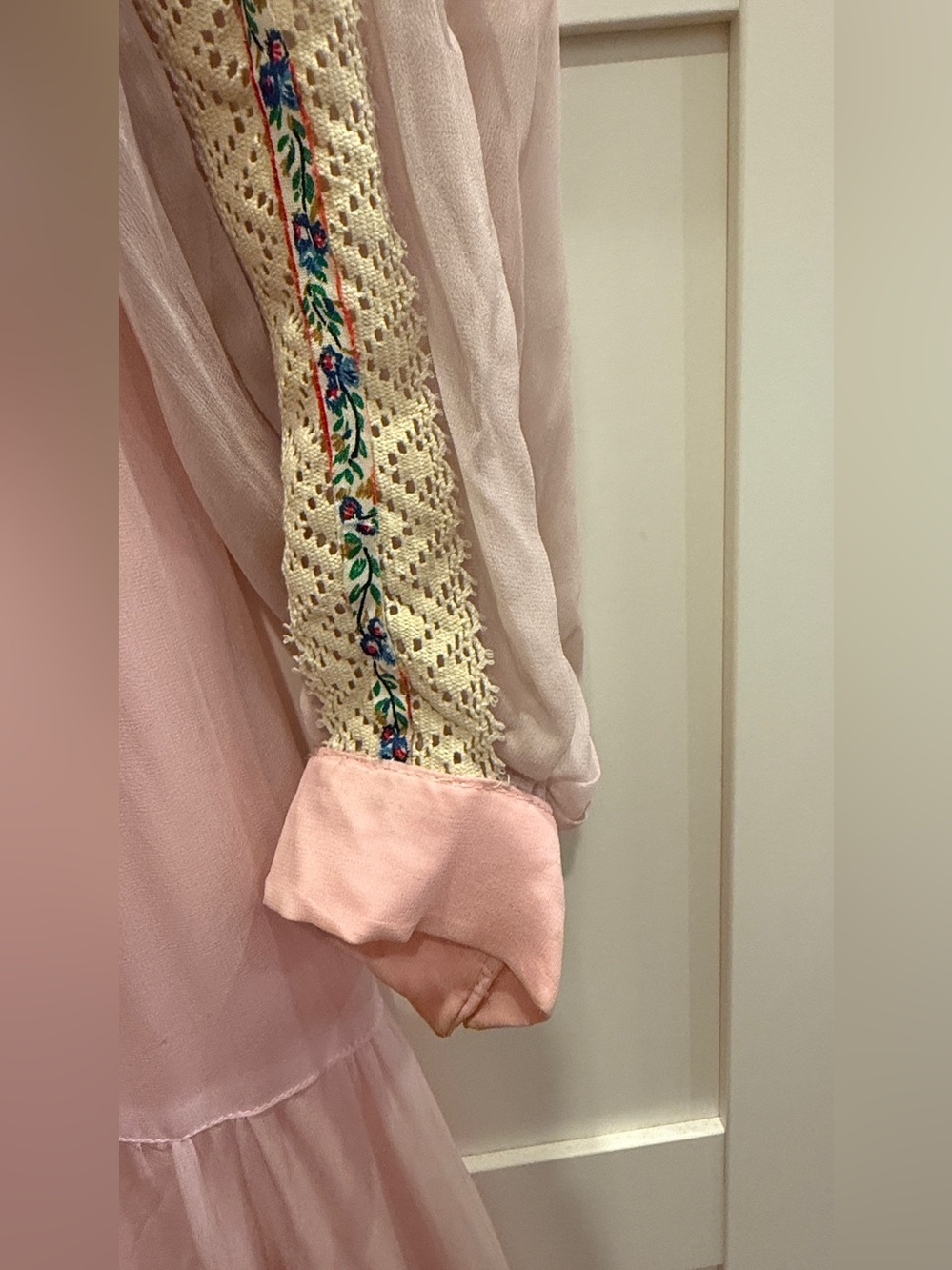 Vintage 1970s Pink Chiffon Prairie Maxi Dress Gown Ribbons Lace Trim XS S Boho - Picture 6 of 17